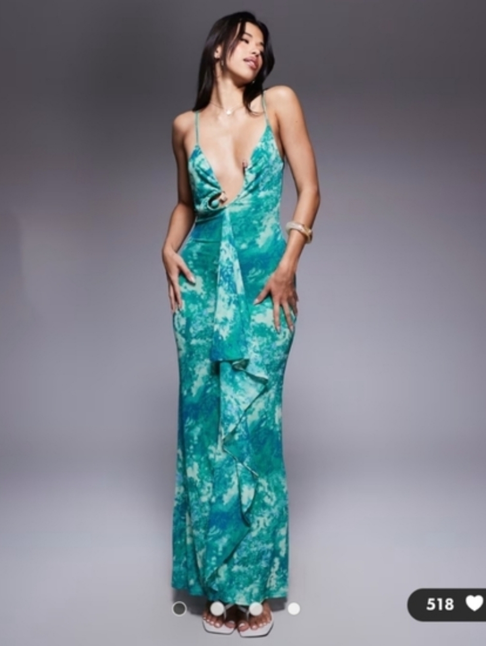 ASOS DESIGN Printed Mesh Maxi Dress with Hardware Ruffle Detail in Blue Print